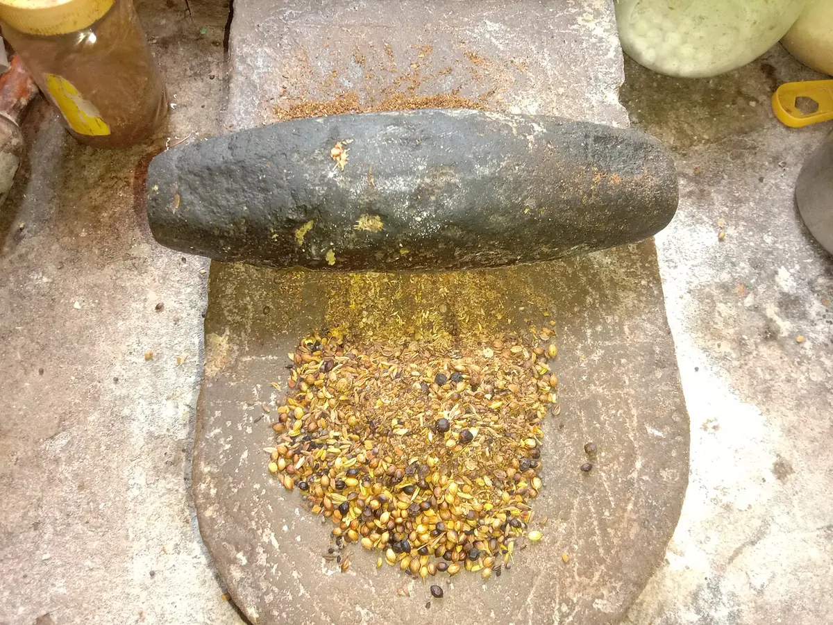 Whole spices being ground on a shil-pata, the flat grinding stone and stone roller of a Bengali kitchen